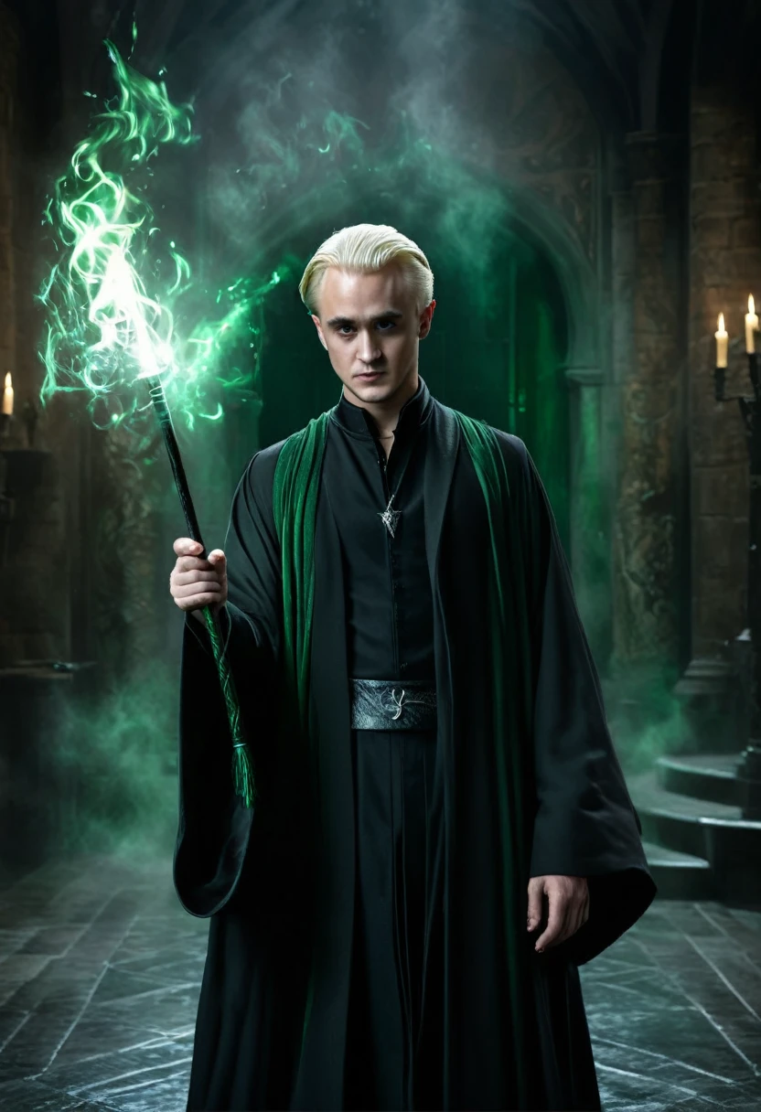 (best quality,4k,8k,highres,masterpiece:1.2),ultra-detailed,realistic:1.37,Dark Arts, portrait, Draco Malfoy as a malevolent wizard, wearing the classic black robes, with intense and piercing grey eyes, sinister expression, and slicked-back platinum blonde hair. The image captures Draco in a menacing pose, holding a wand with a flickering green spell casting at his fingertips. The overall scene is set in a dimly lit chamber, highlighting the mysterious and sinister atmosphere. The lighting is low with dark shadows, creating a dramatic effect. The background consists of ancient and ornate tapestries depicting scenes of Dark Magic and symbols associated with the Harry Potter series. The depiction of Draco showcases his aura of power and ambition, emphasizing his role as a formidable antagonist in the wizarding world.