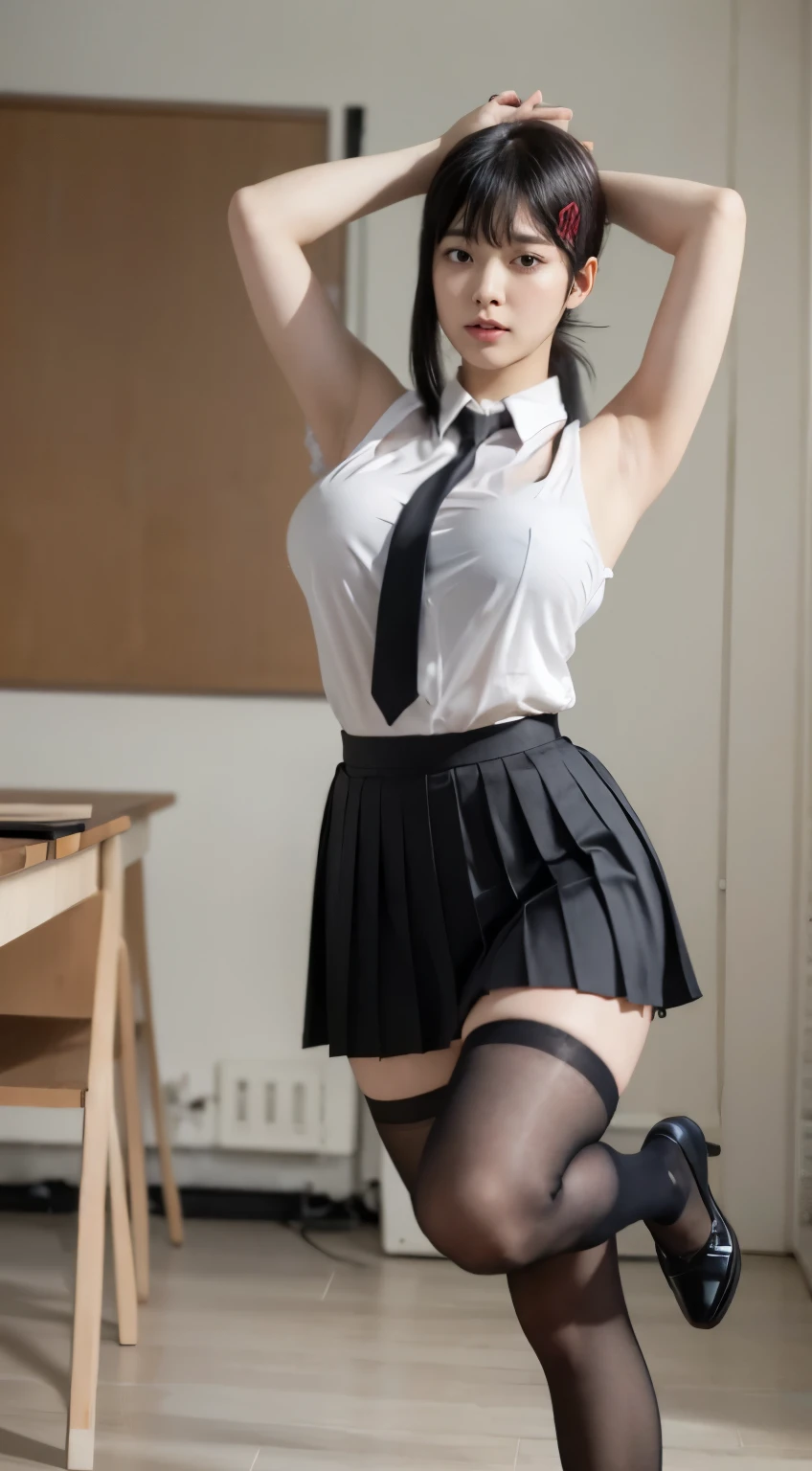 Highest quality、Ultra-high resolution、Professional Lighting、Detailed Background、In the classroom、full body,Kobeni-chan、A sloppy smile、25-year-old woman、beautiful girl、(Kobeni-chan、Jet black hair, Black Hair, bangs, One-sided hair,)、(Red Hair Clip:1.1)、(White sleeveless shirt:1.2)+(Black tie:1.2)+(Grey pleated skirt:1.2)、Black tights、(Huge breasts that look like they might burst:1.2)、(Big thighs:1.1)、Troubled face、Confused Eyes、Raise your arms to show your sides、Lift one leg