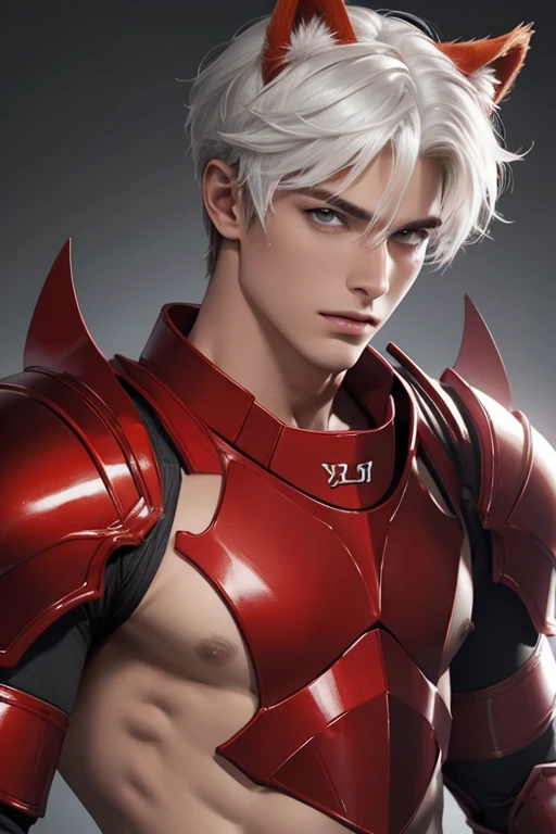 Full Body photorealistic 4k, high resolution, best quality, masterpiece, perfect color, perfect shade, perfect lighting, Posted by e621, ((portrait)), ((handsome man)), perfect male figure, Short hair details,chest muscles,abdominal muscles,Naked torso,Detailed face, perfect face, (stood up), Detailed background, ((Bonifasco Lighting)), (delicate eyes),((red fiery armor)),((animal ears)),white hair