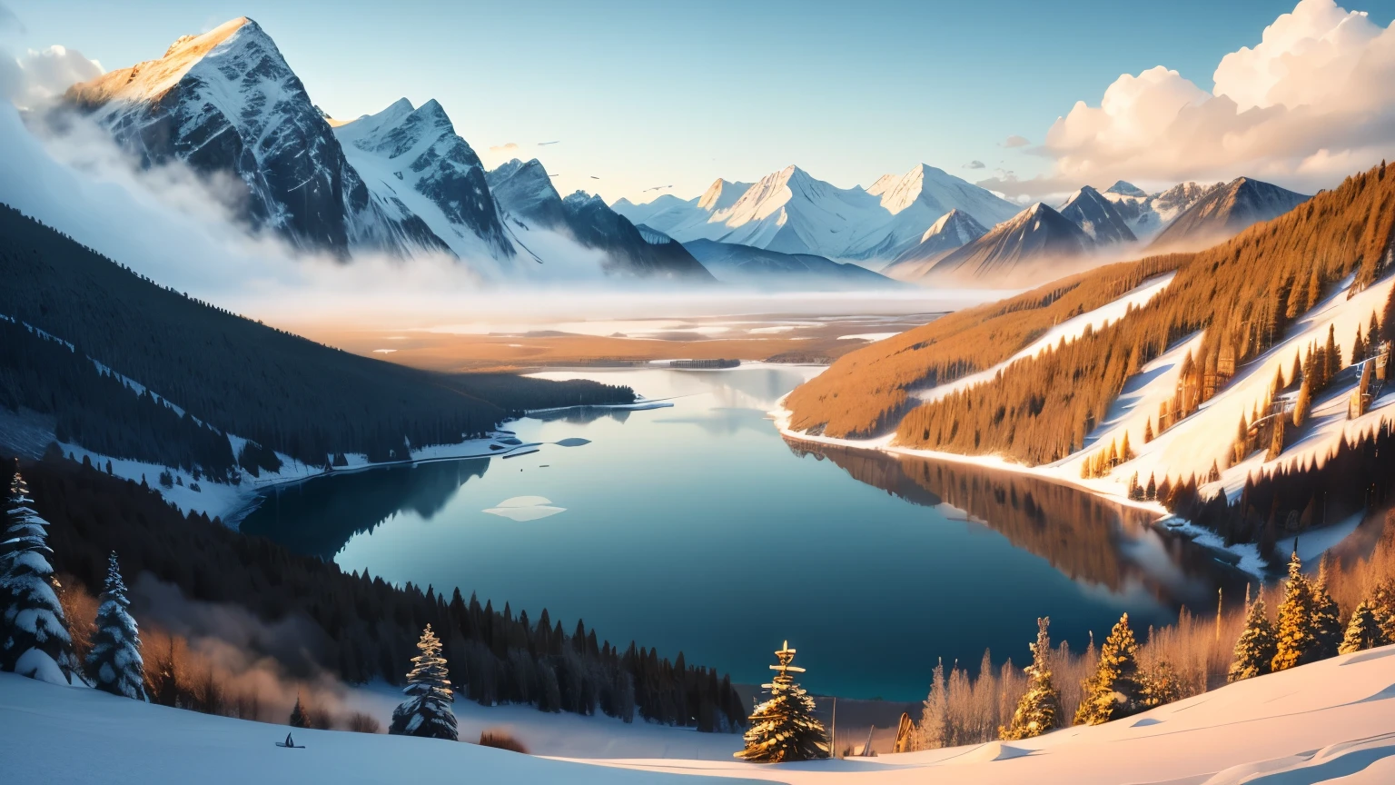 Frozen lake in the mountains, winter，There is a cabin on the shore，The lake on the hillside is covered with clouds，The sun just came out，Golden mountain top
