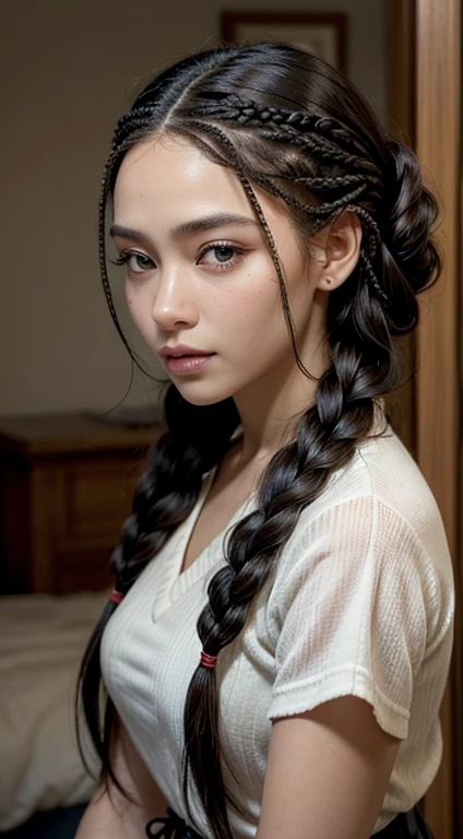 A refined description of the scene you described:

A woman in a tight skirt and hair braided into a complex, elegant style is portrayed in a stunning scene. Your braided hair displays a variety of patterns and textures, demonstrating skill and art in creating the hairstyle.

The woman is portrayed with a confident posture, sorridente e orgulhosa, destacando sua beleza e autenticidade. Your facial features are distinct and expressive, reflecting your individuality and inner strength.

The scene is softly lit, highlighting the details of the braided hair and the beauty of the woman. Your presence is captivating, conveying a sense of grace and determination.

This depiction of a black woman with braided hair is a celebration of black culture and beauty., capturing the elegance and pride of a traditionally significant hairstyle. na rua na praca