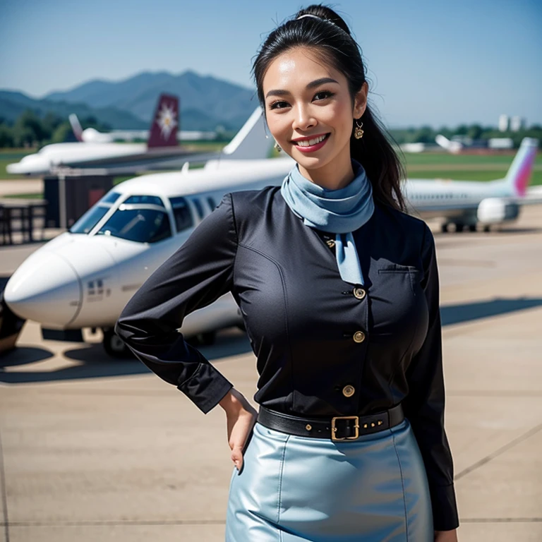 (Thai woman),(highponytail),(forehead),(Flight attendant uniforms:1.3),(short skirt),(scarf),(enormous breasts:1.6),(slim waist:1.3),(smile:1.5),(aircraft runway in the background:1.5), (cowboy shot:1.4),8k, UHD,