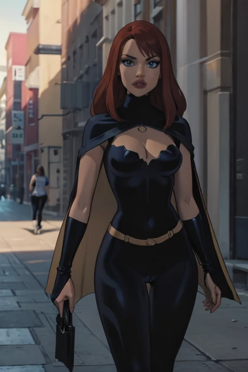 Slim young woman, full body, low legs, Legacy apartment, T-shirt, cleavage, navel showing, crotch showing, (wrinkles on leggins remarking the shape), crystal blue eyes, red hair , daylight, ((black spandex)) , yellow leather cloak