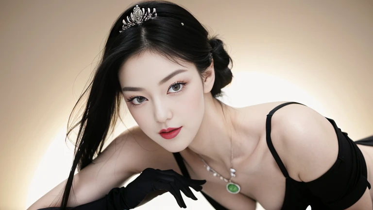 (Exact description), narrow eyes, woman 1, a smile with slightly exposed top teeth, eyebrows, black hair, short hair solo, cowgirl, one-piece, ((big glamor))), black eyes, black hair, gloves, randomly prominent, very transparent mesh corset, random short, thin, very transparent long skirt, exposed thighs, deep lying position, high hip beauty, big eyes full of smiles, bright makeup, red lipstick, dark fantasy, random hairstyle, beauty mark, bright eyes, queen, dark background, collarbone, exposed navel, bulges, very big glamor, illustration, 8k very detailed photorealism, sharp focus, very detailed ham, cool details, complicated details, attractive girl, various bold ?? model pose changing positions, front gaze, open legs, solos, very large hips, glowing skin, (face detail) jewelry, big beautiful necklace, tiara, complex petal pattern, border lighting, backlight, pastel color, studio lighting, sharp focus photography, (no bad fingers or body)