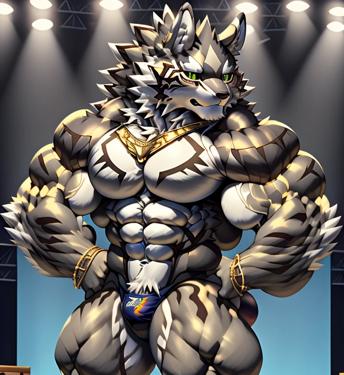 A seth at the bodybuilding competition, on stage with other seth's bodybuilders at his side, wearing a tiny thong (metallic color: jet black thong) massive, huge muscular bodybuilder with extraordinary biceps, pecs, triceps, traps, waist narrow, gigachad, 300 lbs. It has four arms. seth (/tas/)