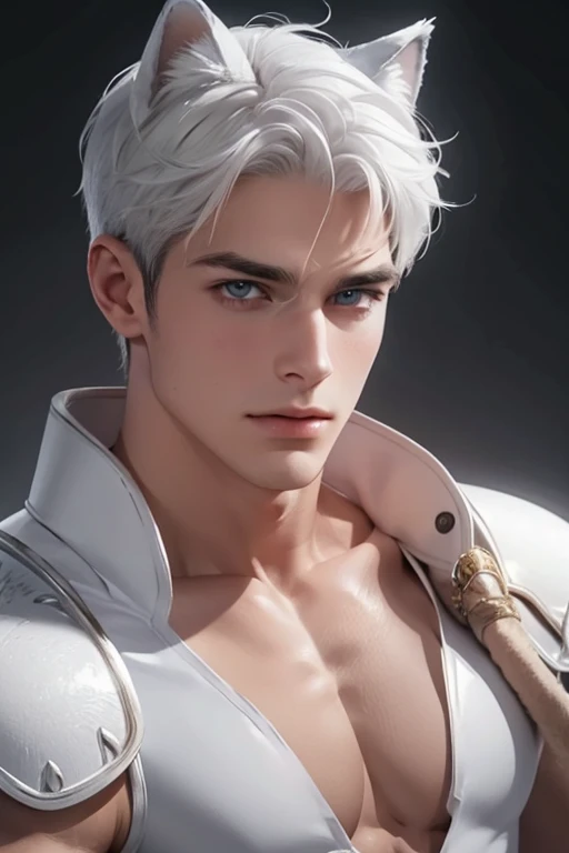 Full full Body photorealistic 4k, high resolution, best quality, masterpiece, perfect color, perfect shade, perfect lighting, Posted by e621, ((portrait)), ((handsome man)), perfect male figure, Short hair details，chest muscles，abdominal muscles，Naked torso，Detailed face, perfect face, (stood up), Detailed background, ((Bonifasco Lighting)), (delicate eyes),((white armor)),((animal ears)),white hair