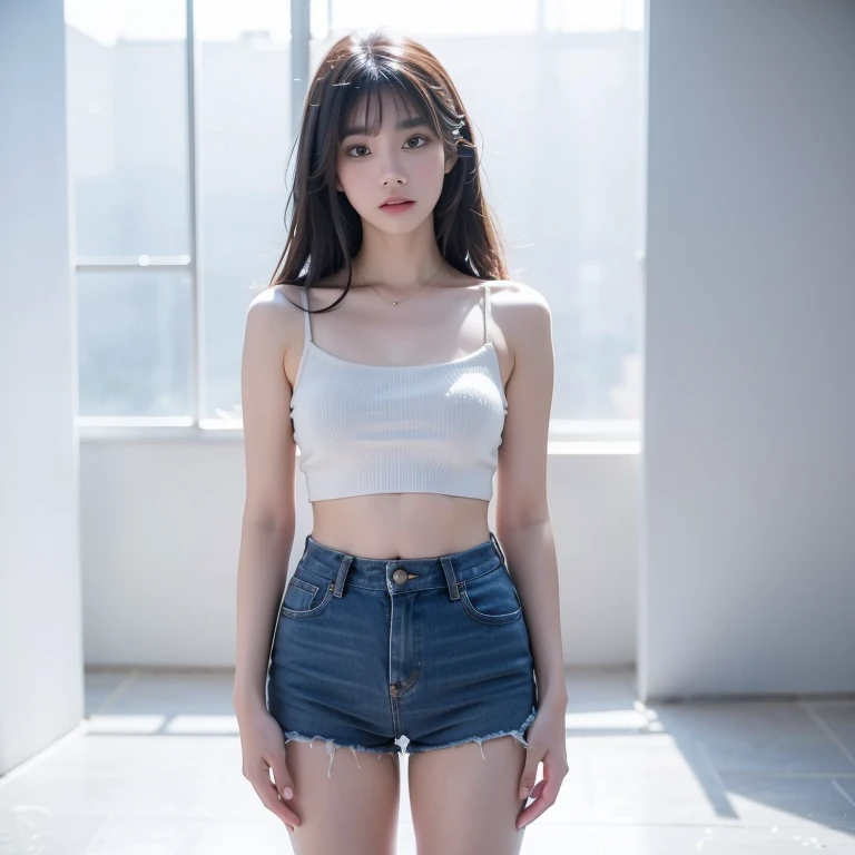 (1 girl one girl:1 girl.3 girls), Solitary,_Jennie Kim Face，Wear a royal blue armband sweater，Short，There is a white tube top inside，Blue shorts，，Sexy，cute，White Leg Clothing，White walls，，full-body shot，Looking at the audience，World-weary Face，indifferent eyes，Korean