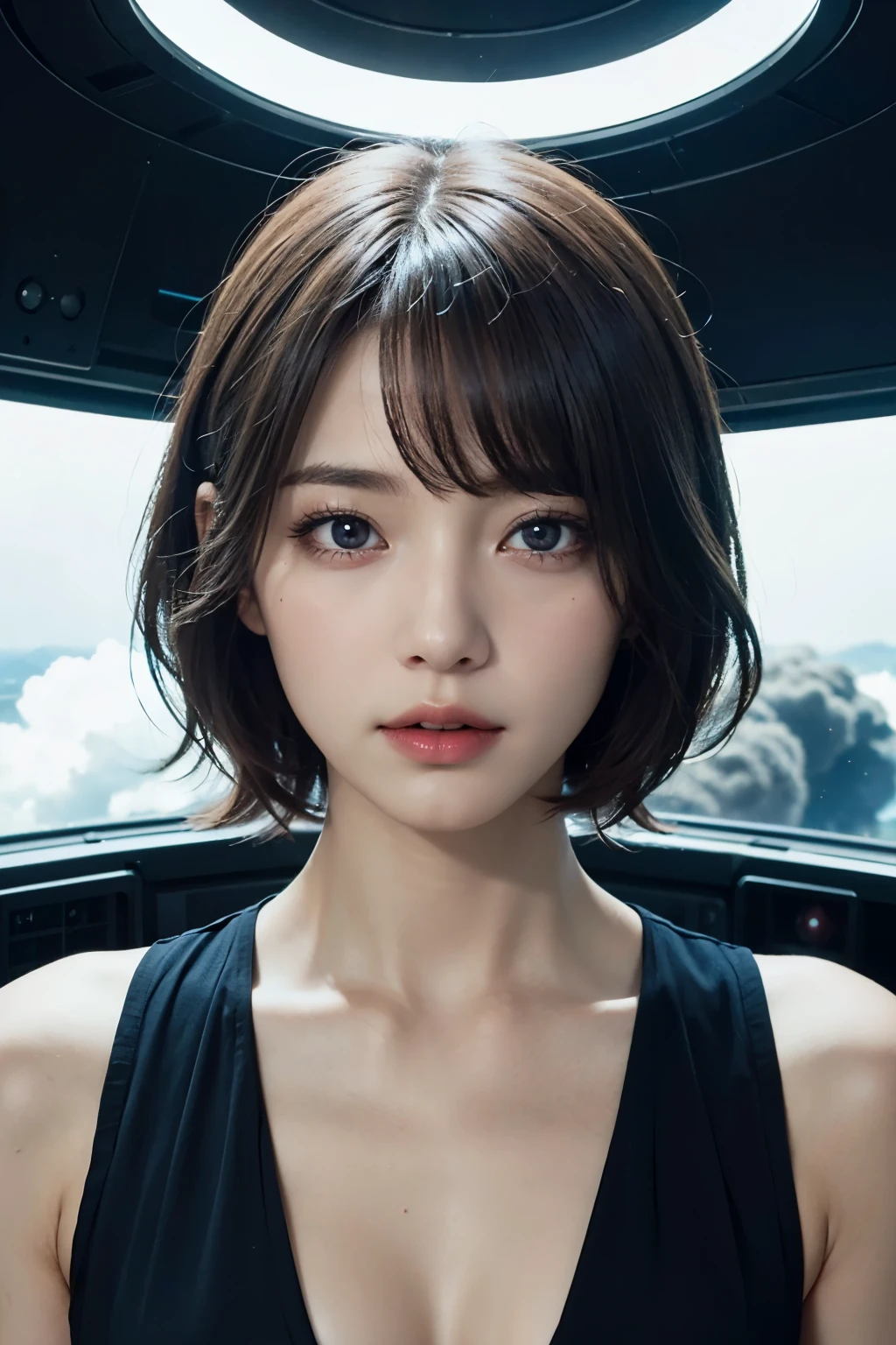 (High-quality masterpiece, cute girl, stunningly detailed eyes, black eyes, short hair, fine details, shallow depth of field, extremely detailed CG, original appearance, extremely detailed wallpaper, upper body on a machine, inspecting viewer)