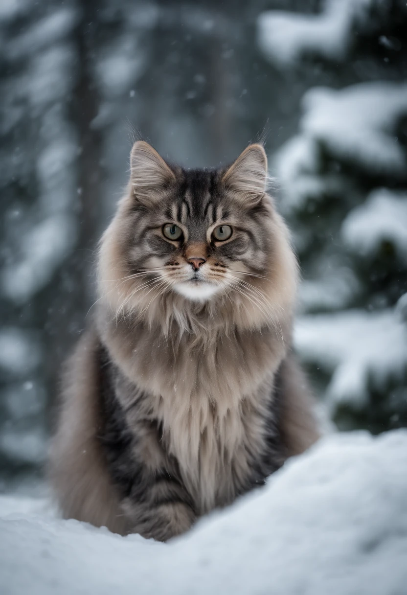 (giant,silver,black,Siberian Cat),(fluffy),(snow,pine trees),(soft lighting),(RAW photo),(masterpiece:1.2),(8k wallpaper)