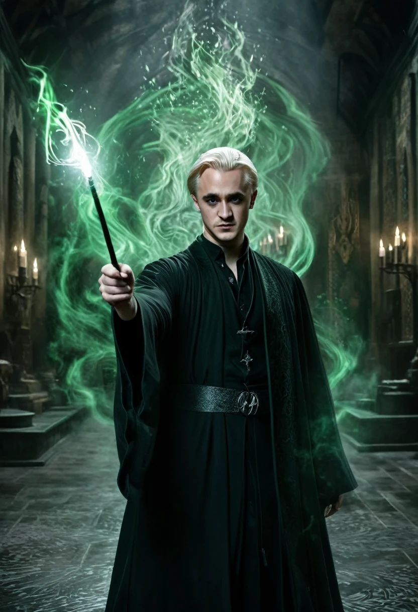 (best quality,4k,8k,highres,masterpiece:1.2),ultra-detailed,realistic:1.37,Dark Arts, portrait, Draco Malfoy as a malevolent wizard, wearing the classic black robes, with intense and piercing grey eyes, sinister expression, and slicked-back platinum blonde hair. The image captures Draco in a menacing pose, holding a wand with a flickering green spell casting at his fingertips. The overall scene is set in a dimly lit chamber, highlighting the mysterious and sinister atmosphere. The lighting is low with dark shadows, creating a dramatic effect. The background consists of ancient and ornate tapestries depicting scenes of Dark Magic and symbols associated with the Harry Potter series. The depiction of Draco showcases his aura of power and ambition, emphasizing his role as a formidable antagonist in the wizarding world.xianxia