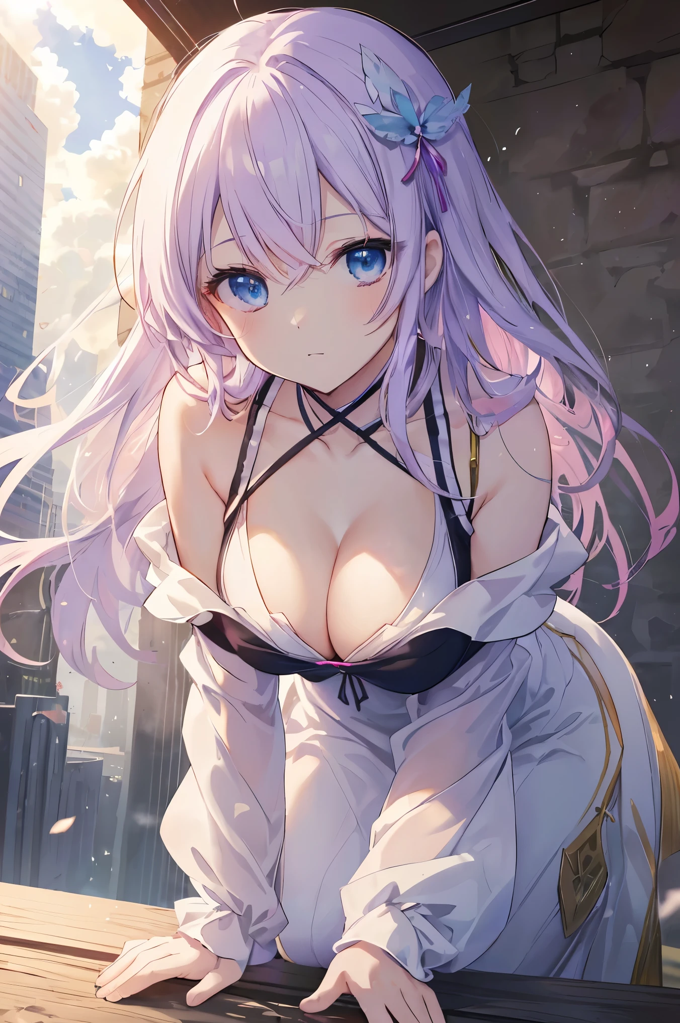 absurderes, hight resolution, (Anime style:1.1), ((masutepiece)), ((Best Quality)), (Ultra-detailed), (Beautiful), solo, Beautiful face、(liftup)、No accessories on the neck, Cute looking at the view from the top of a skyscraper that is closer to the atmosphere,Wind,Thin White colorful long hair,off shoulder dress, Blue Eyes,Lens Flare,Dramatic,Detailed Ancient City、Skirt fluttering in the wind、Clouds below looking down、(Don't look here:1.4) break (emphasize cleavage, downblouse:1.5), (all fours, leaning forward:1.4)