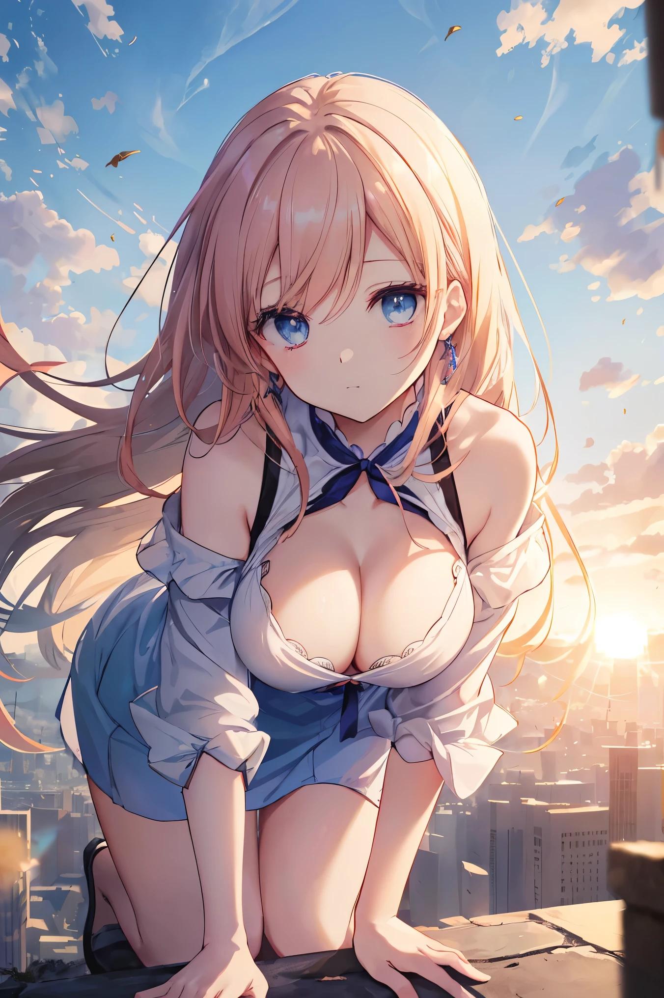 absurderes, hight resolution, (Anime style:1.1), ((masutepiece)), ((Best Quality)), (Ultra-detailed), (Beautiful), solo, Beautiful face、(liftup)、No accessories on the neck, Cute looking at the view from the top of a skyscraper that is closer to the atmosphere,Wind,Thin White colorful long hair,off shoulder dress, Blue Eyes,Lens Flare,Dramatic,Detailed Ancient City、Skirt fluttering in the wind、Clouds below looking down、(Don't look here:1.4) break (emphasize cleavage, downblouse:1.5), (all fours, leaning forward:1.4)