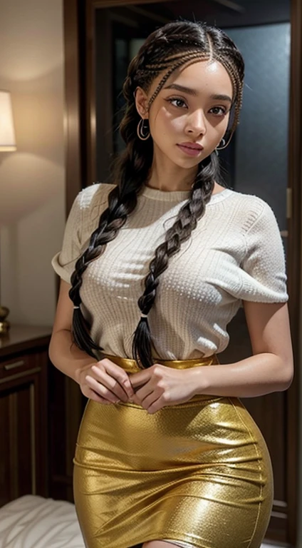 A refined description of the scene you described:
A woman in a tight skirt and hair braided into a complex, elegant style is portrayed in a stunning scene. Your braided hair displays a variety of patterns and textures, demonstrating skill and art in creating the hairstyle.
The woman is portrayed with a confident posture, sorridente e orgulhosa, destacando sua beleza e autenticidade. Your facial features are distinct and expressive, reflecting your individuality and inner strength.
The scene is softly lit, highlighting the details of the braided hair and the beauty of the woman. Your presence is captivating, conveying a sense of grace and determination.
This depiction of a black woman with braided hair is a celebration of black culture and beauty., capturing the elegance and pride of a traditionally significant hairstyle. na rua na praca
