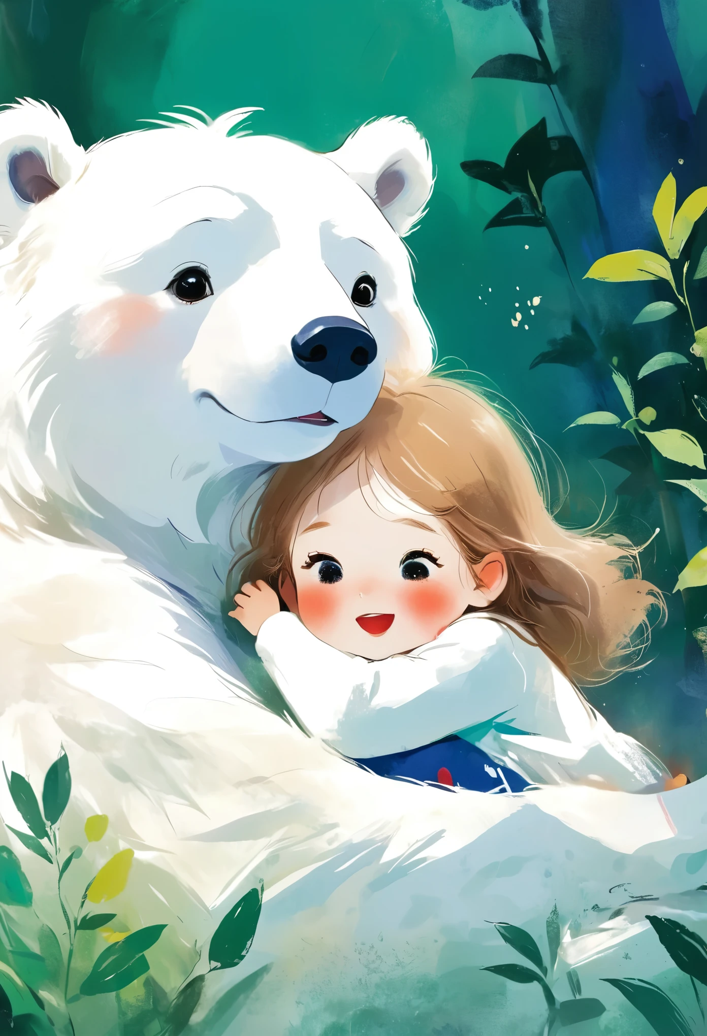 Rough texture，Hand-drawn style：Great white bear， girl，Warm，The healing picture