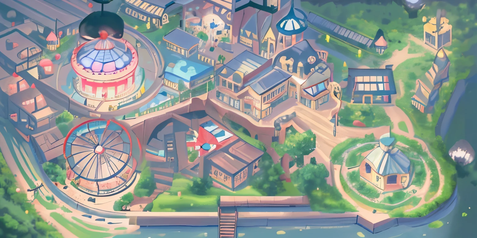 卡通architecture底图,Game Style,Ferris wheel,circus,Creek,architecture