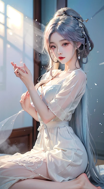 ((Hit the knee)),（masterpiece、highest quality、High resolution），（Colorful background，（Color Splash）），pretty girl，Light blue and white medium length hair，[Light blue|pink]hair，curl，Shiny，红pink的嘴唇，The crack is relatively large，Color Splash，Volumetric lighting，Ample breasts, An elegant gesture, Sexy thin legs、