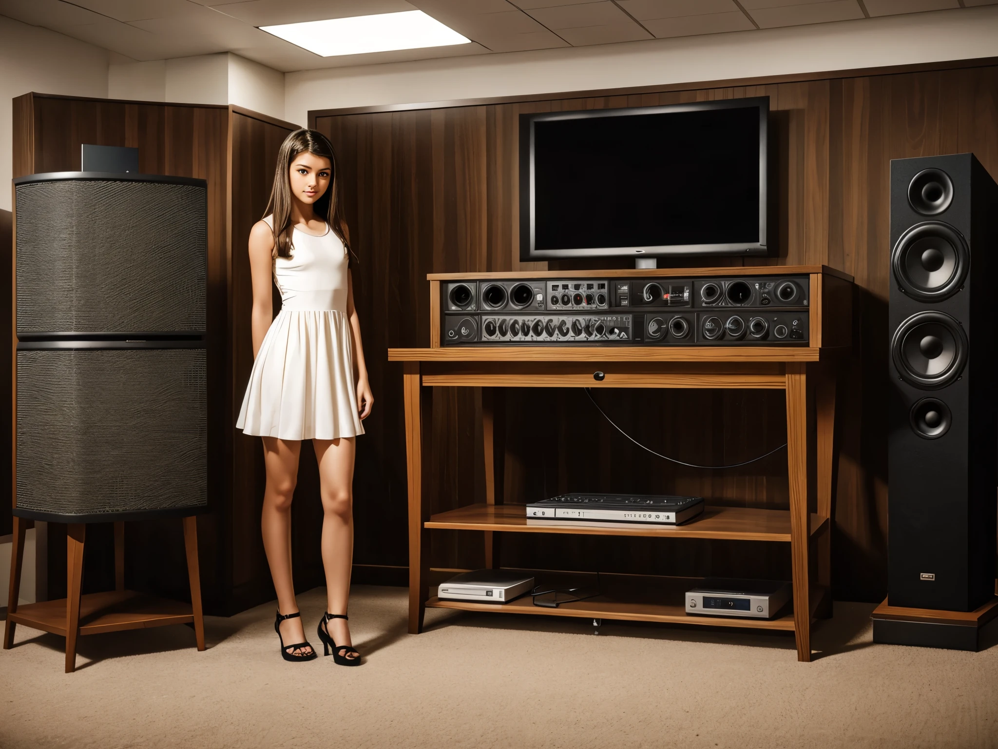 full body portrait view of a very beautiful Russia teenage woman wearing singlet summer dress, JBL and McIntosh audiophile audio room in background, photography taken by world-class professional photographer, artificial lighting design, modern fashion magazine picture style