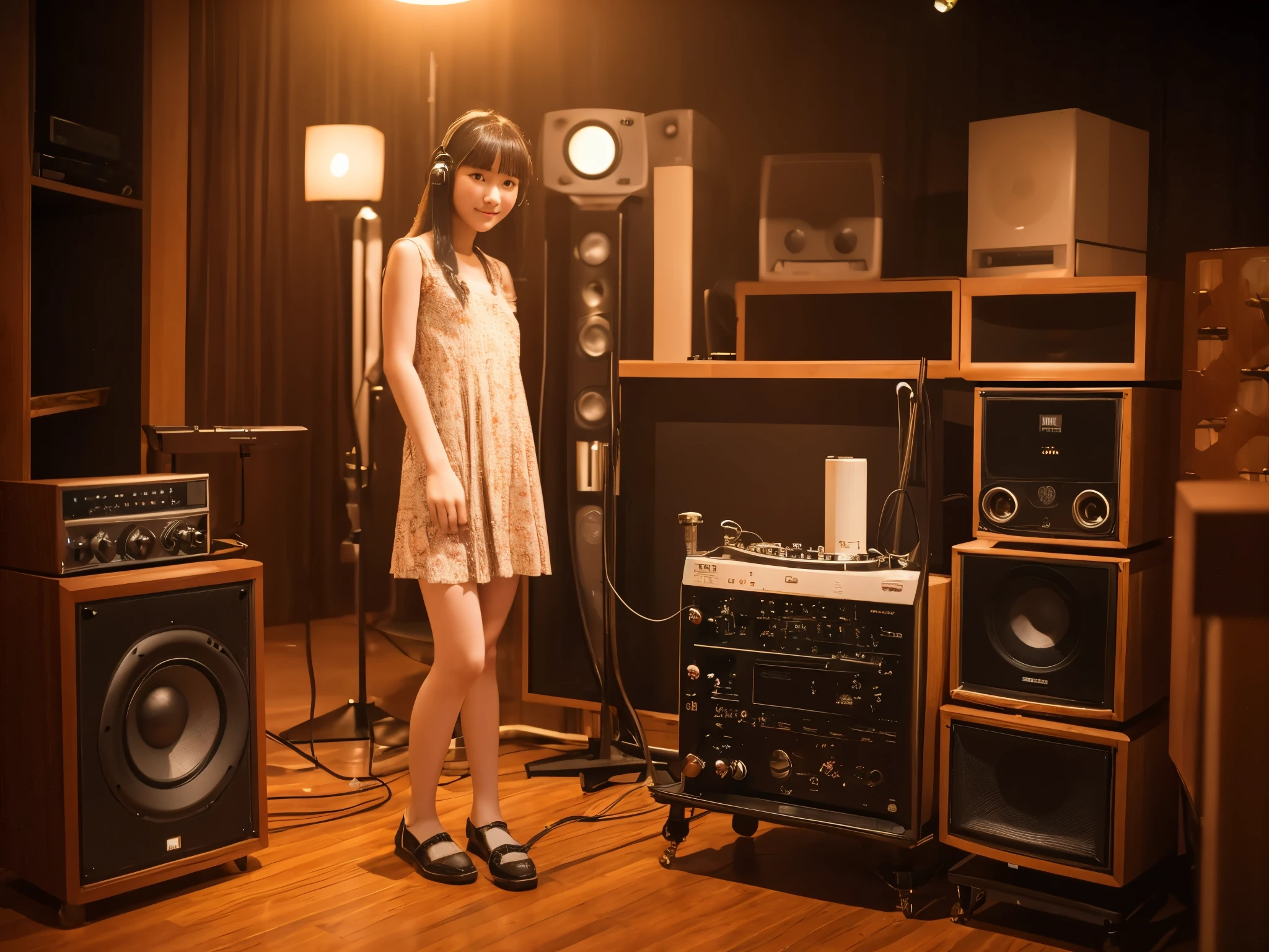 full body portrait view of a very beautiful Japanese teenage woman wearing singlet summer dress, JBL and McIntosh vintage audiophile audio room in background, photography taken by world-class professional photographer, artificial lighting design, modern fashion magazine picture style