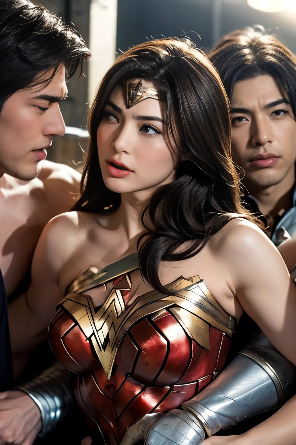私はWonder Womanです、完璧なWonder Womanの衣装,On all fours,Hug from the front,お姫様Hugged,Hugged,Being strangled,You can hold it,Leaning on the man,Hugged,Can be lifted,Men lick my face with their tongues,The guys lick my head with their tongues,Men lick my hair with their tongues,My body is licked by men,sleeping face,Close ~ eyes,Open your mouth,Tired face,Face of Suffering,sleeping face,Being slapped in the face,Getting punched in the face,Fighting with men,Fight with the men,Surrounded by men,,Caught between the men,Being held back by men,Entanglement with males, Attacked by men,Brown Hair, masterpiece、beautiful girl、fine 目、puffy eyes、highest quality, 超High resolution, (reality: 1.4), Cinema Lighting,so beautiful、Beautiful Skin、(超reality的な)、(High resolution)、(8k)、(Very detailed)、(beautiful and fine 目)、(Very detailed)、 Detailed face、Diagonal bangle hair、Brown Hair、20-year-old、Wonder Womanのコスプレ,Wonder Woman