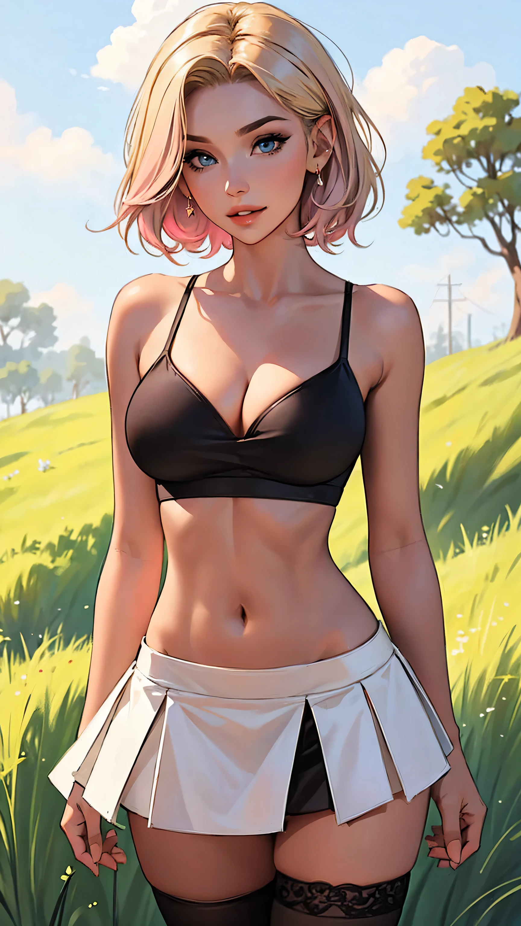 Highest Quality, ​masterpiece, beautifully detailed eyes,, short Blonde Hair, Gradient Hair, pink highlights in hair, large breasts, standing, makeup, glossy lips, full lips, (natural lighting), grass, tanktop, thong straps, light smile, midriff, collarbone, thigh highs, miniskirt, cleavage