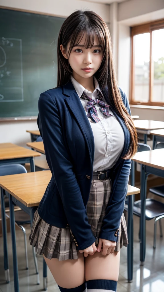 muste piece, best quality, illustration, Super detailed, fine details, High resolution, 8K,wall paper, perfect dynamic composition,(Details High quality, realistic depiction of eyes:1.3), from side, High School Classroom、High school girl uniform、blazer 、Super Short Check Uniform Skirt、Navy blue high socks、garterbelts、Colossal tits、Disturbed uniform, ponytail, black hair color, large breasts, Big Natural Color Lip, bold sexy pose, (perfect body shape), crying a little、cold gaze, Harajuku style、20 year old girl、cute type, beautiful legs, hposing Gravure Idol, Voluptuous thighs