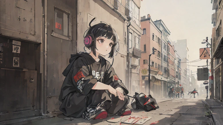 (masterpiece, highest quality: 1.2), Street gang style fashion ink painting, Girl listening to music with headphones