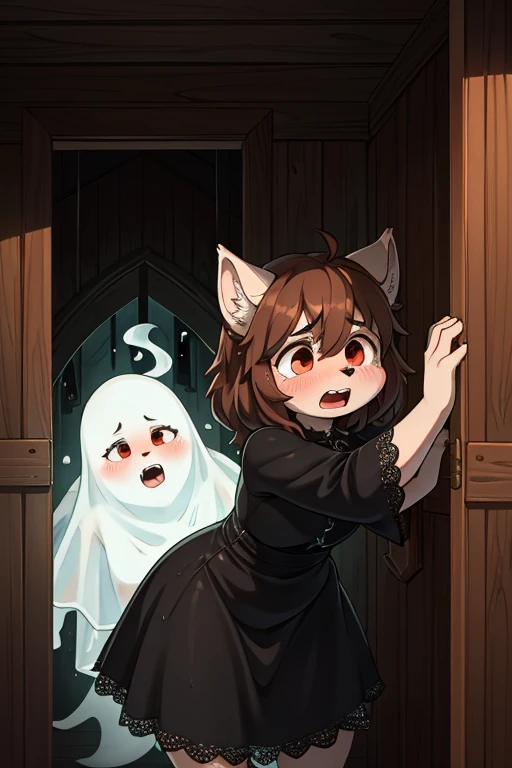 Hairy wolf mom , round face , moist round eyes , Swollen cheeks , scream , glossy lips , Gothic summer dress , in the Haunted house , (could not hold pee in fear) , (peeping traditional ghost from behind:1.2) , escape , look of pain