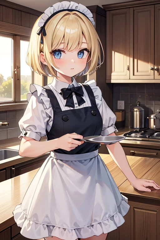 (8k, highest quality, Tabletop:1.2), Ultra-high resolution, One 12-year-old girl, Detailed face, Blue and slightly slanted eyes, Blonde Short Hair, Black and white maid outfit, Luxurious Western-style house kitchen, Cooking