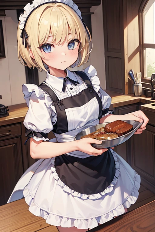(8k, highest quality, Tabletop:1.2), Ultra-high resolution, One 12-year-old girl, Detailed face, Blue and slightly slanted eyes, Blonde Short Hair, Black and white maid outfit, Luxurious Western-style house kitchen, Cooking