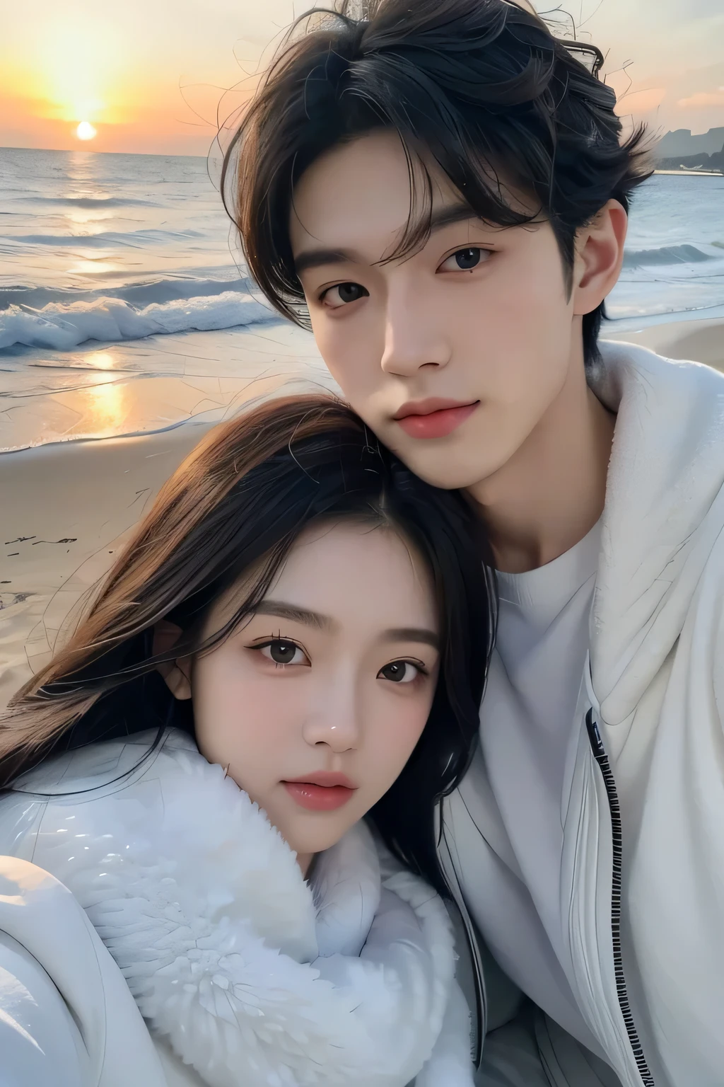 (masterpiece, best quality), 2 people, MALE, extremely realistic, handsome korean young guy, artistic vibe, pale white skin, handsome young guy, black short hair, fluffy curly hair, perfect face, beautiful face, alluring, natural pose, fluffy hair, real pore white skin, beautiful hand, detailed face, big monolid eyes, cool, male, boy, vivid eye look, clear and detailed pore, pore,clear skin texture, natural face selfie, aesthetic, ulzzang vibe, male, guy, smile, monolid big eyes, couple selfie, guy and a long hair bangs girl selfie, jacket, 2 people, full body, sit next to each other, sea, beach background, sunset