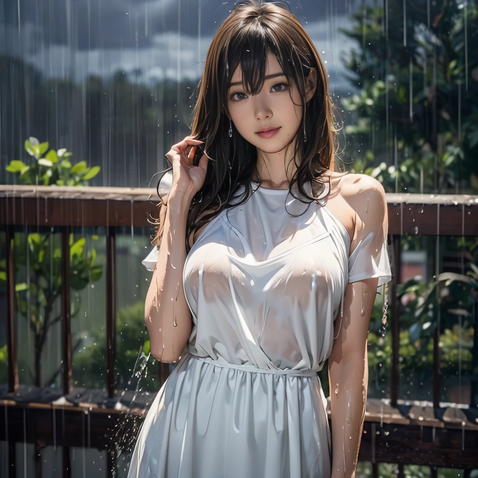 (highest quality、High resolution、Super detailed:1.2)、Fantasy、1美しいlikeい女性、Wizard、(Perfect Body Proportions、Ideal body type)、huge breasts、like々New Appearance、smile、(Elegant and confident)Pause、Wearing primitive dress、Stand on the roof of a skyscraper、(Heavy rain pours down from the dark clouds:1.4)、Motion Blur Effect、Strong winds、lightning、(Wet body、Wet Hair、Wet clothes stick to the body:1.4)、Looking into the camera
