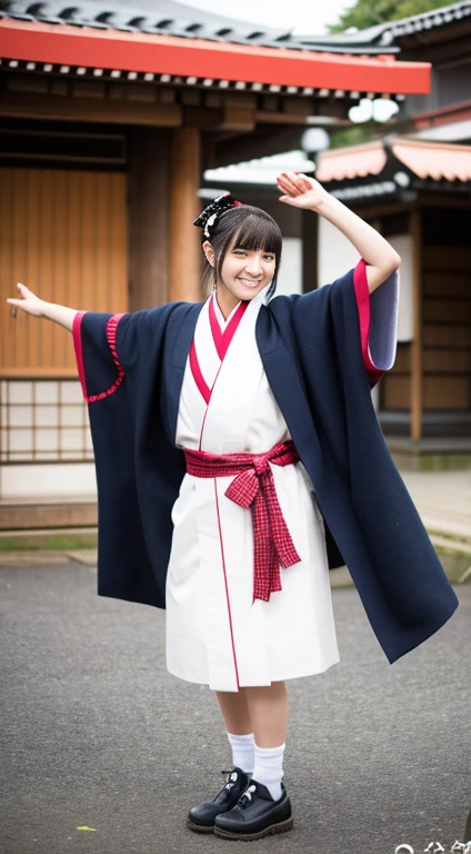 "High quality, full-body image of an 18-year-old girl at a traditional Japanese festival. She is wearing a very short happi coat, open to reveal a sarashi underneath, paired with a rokushaku fundoshi. She is striking a dynamic pose, capturing the festive and energetic atmosphere of the event."

