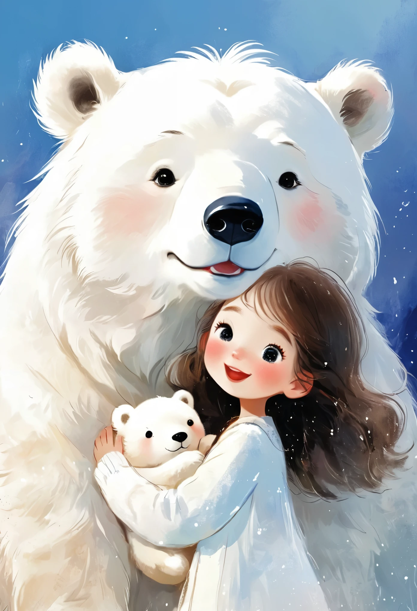 Rough texture,Hand-drawn style:Great white bear, girl,Warm,The healing picture