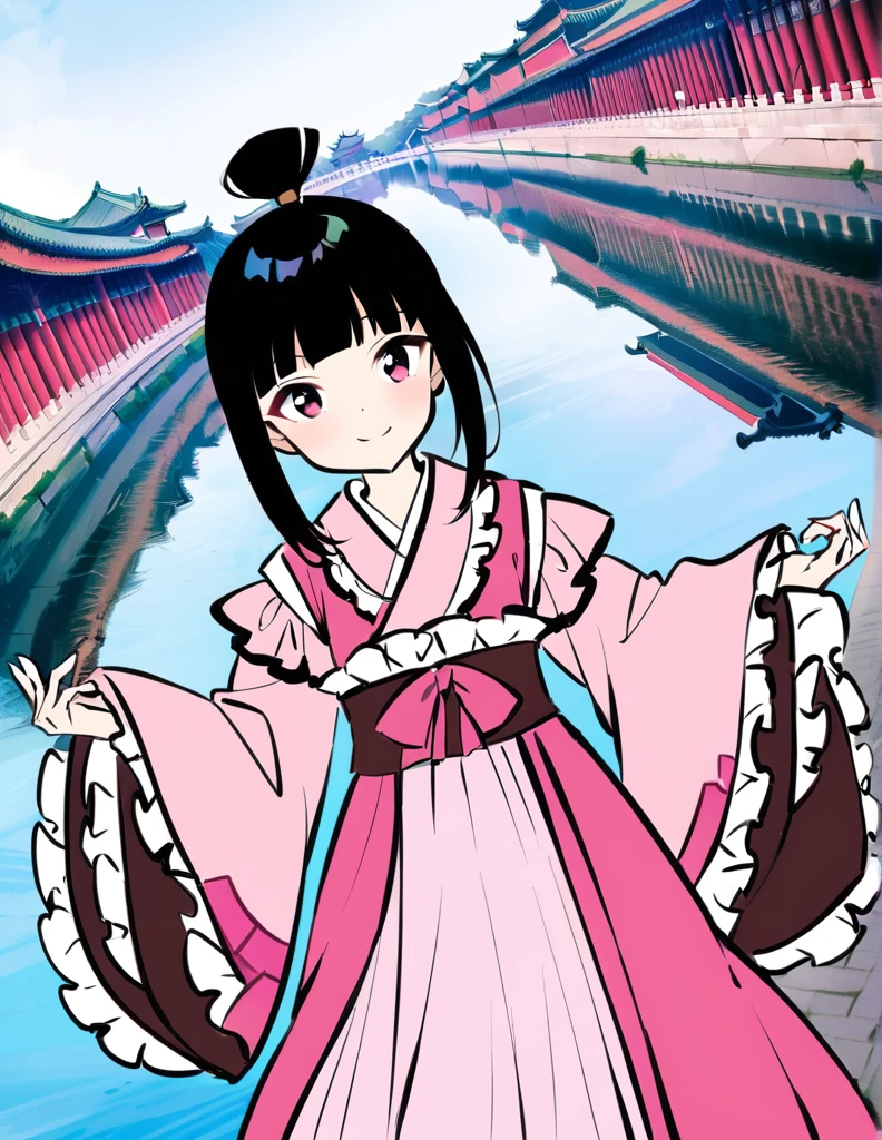 dynamic angle, absurdres, best quality, masterpiece,
BREAK
(petite), (pink detailed Hanfu with many frills:1.3), frilly long sleeves, beautiful black hair, (topknot), blunt bangs, smile,
BREAK
The travel memories photo captures the princess against the backdrop of iconic locations around the world. in Beijing, she is contemplative in front of the Forbidden City; These photos are a record of adventures that transcend time and space, reflecting the princess’s diverse allure. 
