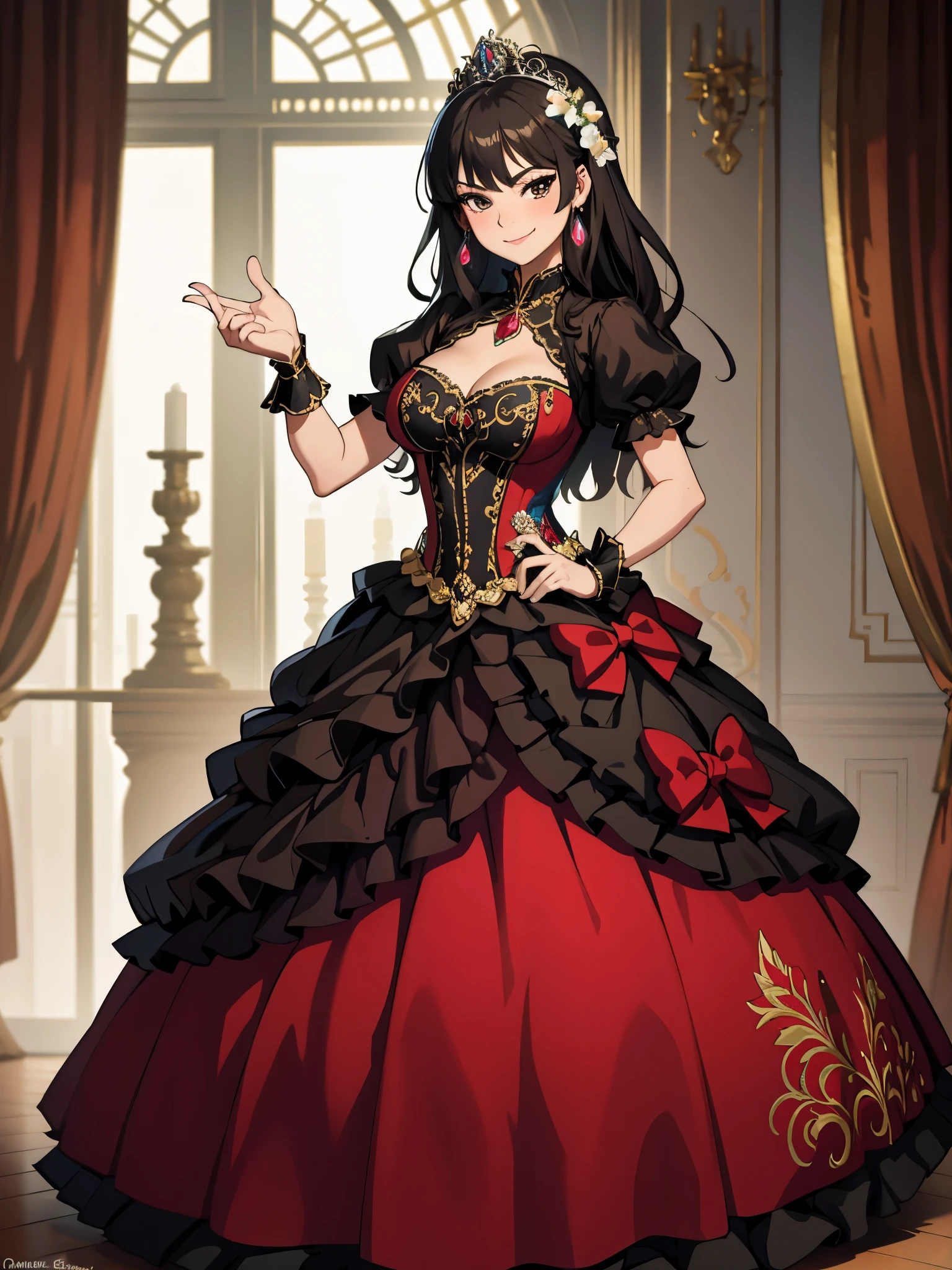 ((Masterpiece, best quality)), edgQuality,smug,smirk,
beautiful embroidery and jeweled gorgeous rococo ballgown, a princess in a  gorgeous dress posing for a picture , wearing a ballgown,
 