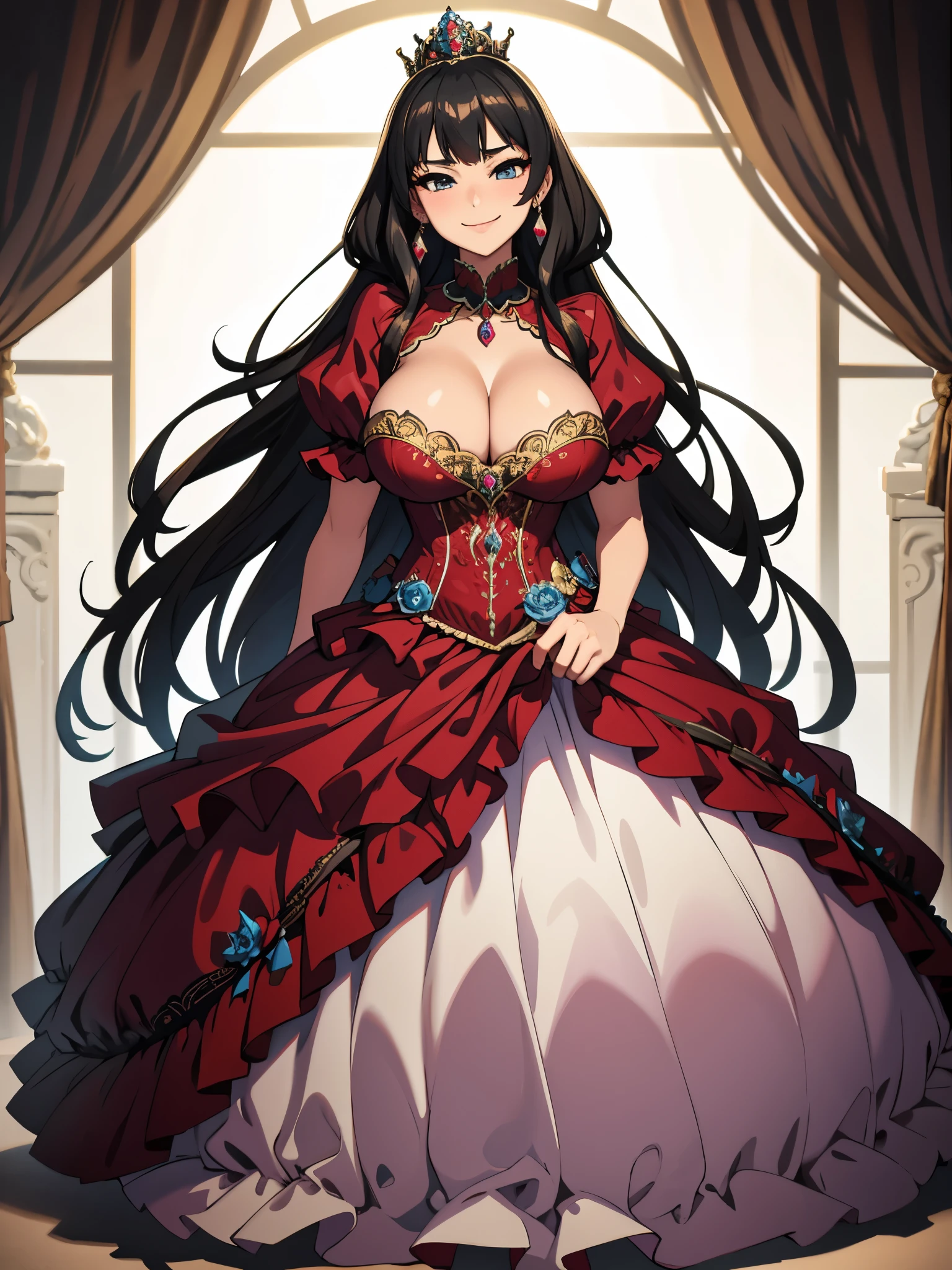 ((Masterpiece, best quality)),smug,smirk,
beautiful embroidery and jeweled gorgeous rococo ballgown, a princess in a  gorgeous dress posing for a picture ,absurdly gigantic tits,Skindentation, Very Long Straight Hair,wearing a ballgown,
 