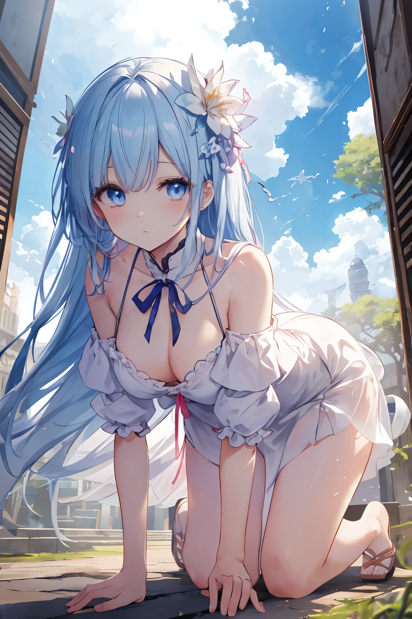 long  blue hair，Pink eyes，Loving pupils，Big Breasts Girl，White off-the-shoulder short sleeves，black short skirt，white stockings，The top is soaked，Slightly moist hair，Pouting ass，turning around