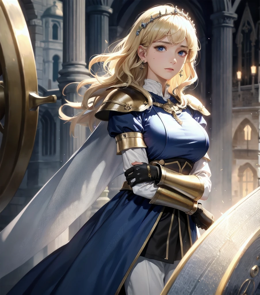 absurdres, RAW photo, extremely delicate and beautiful, masterpiece, Best Quality, ultra high resolution, 32k, hyperrealistic, ultra-detailed, 20 years old, detailed beautiful face, tearful mole, earring, very huge round breasts, short medium hair, wavy hair, wet clothes, (full body shot), alone, blonde hair, gauntlets, Joan of Arc, (surcoat), (cross armor),