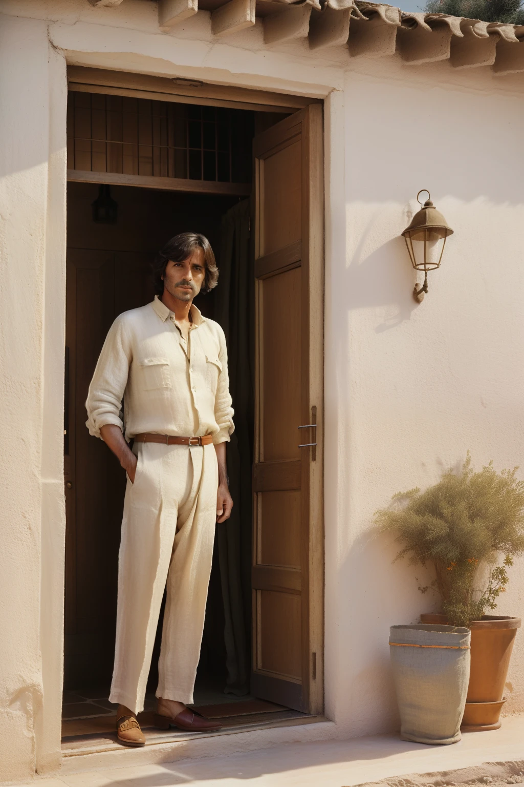 Tharsis, Spain, 1979. ((((42-year-old)) Alvaro G.)), writer, in the front porch, ((((linen clothings from the 1970s, shirt and trousers)))), ((hairstyle of the 1970s)), colorful