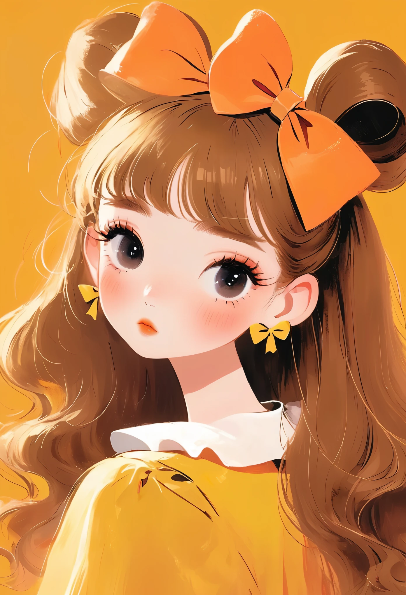 Rough texture，Hand-drawn style：1girl,bangs,blunt bangs,bow,gradient background,hair bow,orange background,solo,yellow background,yellow bow