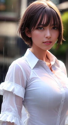 ((highest quality, 8k, masterpiece :1.3)), Sharp focus :1.2, Beautiful woman with perfect figure :1.4, Slim Abs :1.2, ((Layered Haircut, Big Breasts :1.2)), (Wet white button-up long shirt :1.1), (rain, street:1.2), Wet body :1.5, Highly detailed face and skin texture, Fine grain, double eyelid