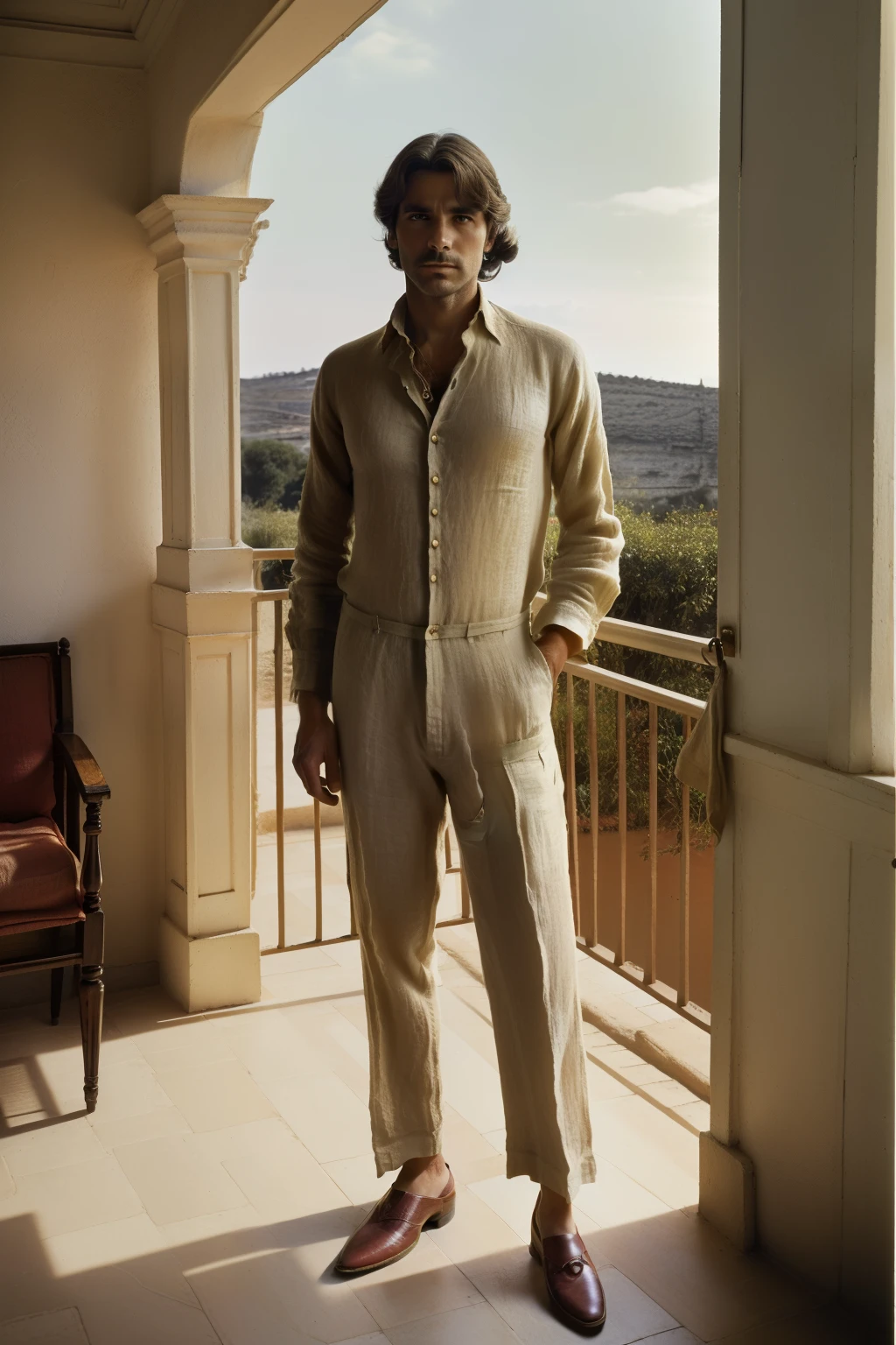 Tharsis, Spain, 1979. ((((42-year-old)) Alvaro G.)), writer, in the victorian front porch, ((((linen clothings from the 1970s, shirt and trousers)))), ((hairstyle of the 1970s)), colorful