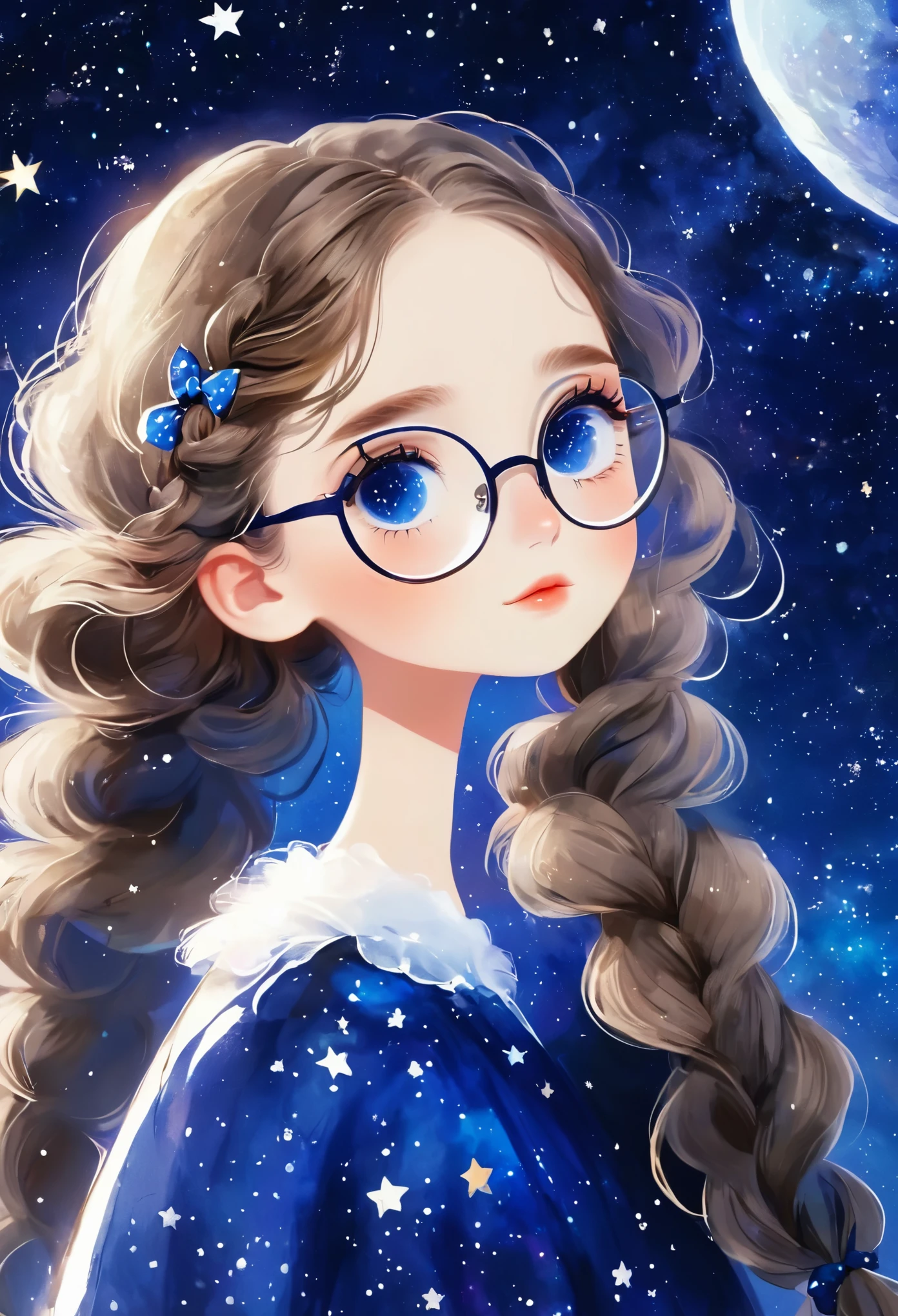 Rough texture，Hand-drawn style：1girl,blue eyes,bow,braid,constellation,galaxy,glasses,hair bow,long hair,milky way,night,night sky,round eyewear,shooting star,sky,solo,space,star \(sky\),starry sky,starry sky print