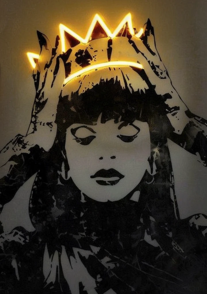  Stencil art, A golden halo behind his head, halo above her head, with a red halo above her head, fringe Bettie Page, Björk three-point lighting, Lily Allen, divine ray above her head, Portrait of Haifa Webe, coming out of his lamp, improve quality. super resolution, High detail