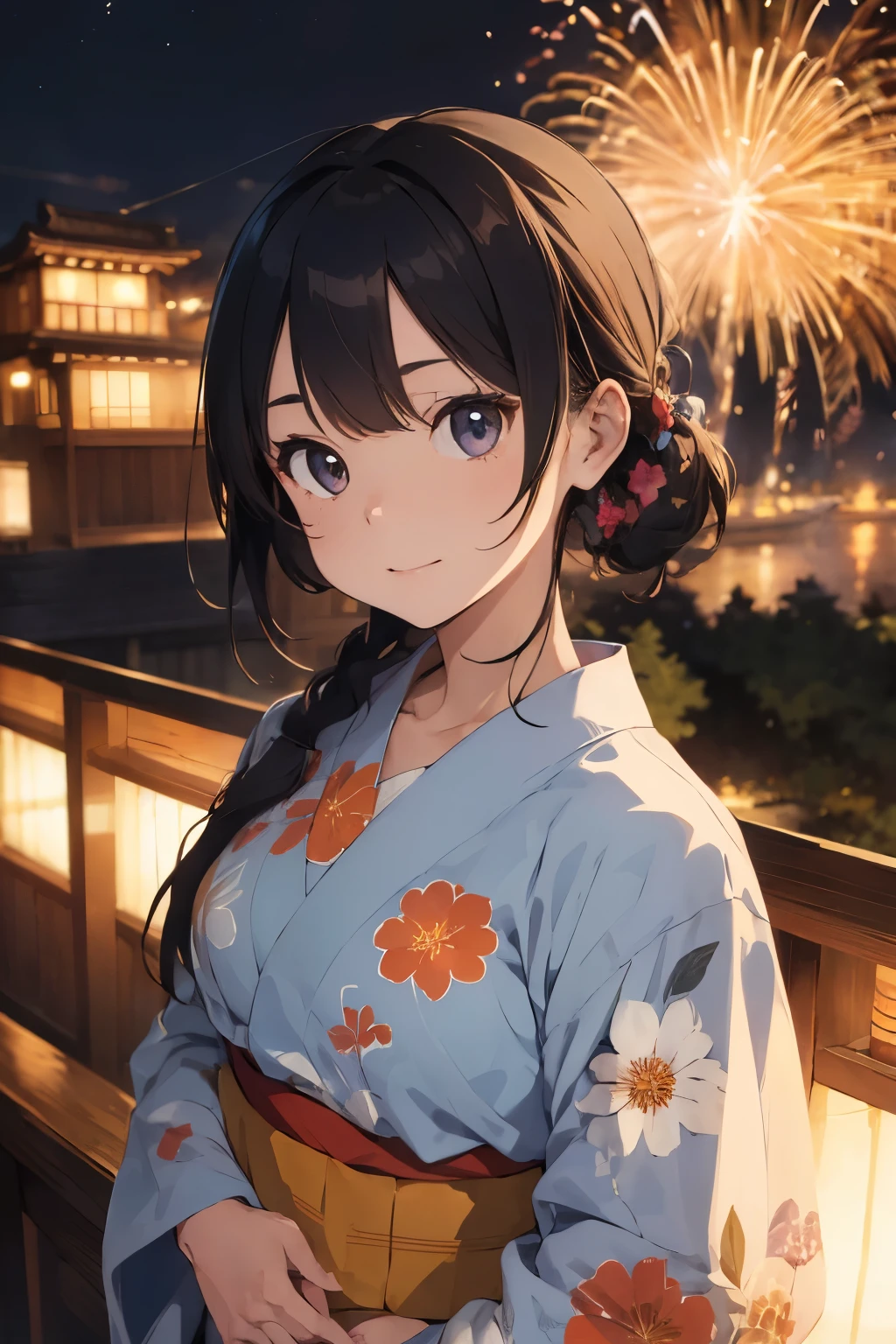 ((highest quality)), ((masterpiece)), (detailed), Perfect Face, woman, cute, upper body, anime, Yukata, fire works,