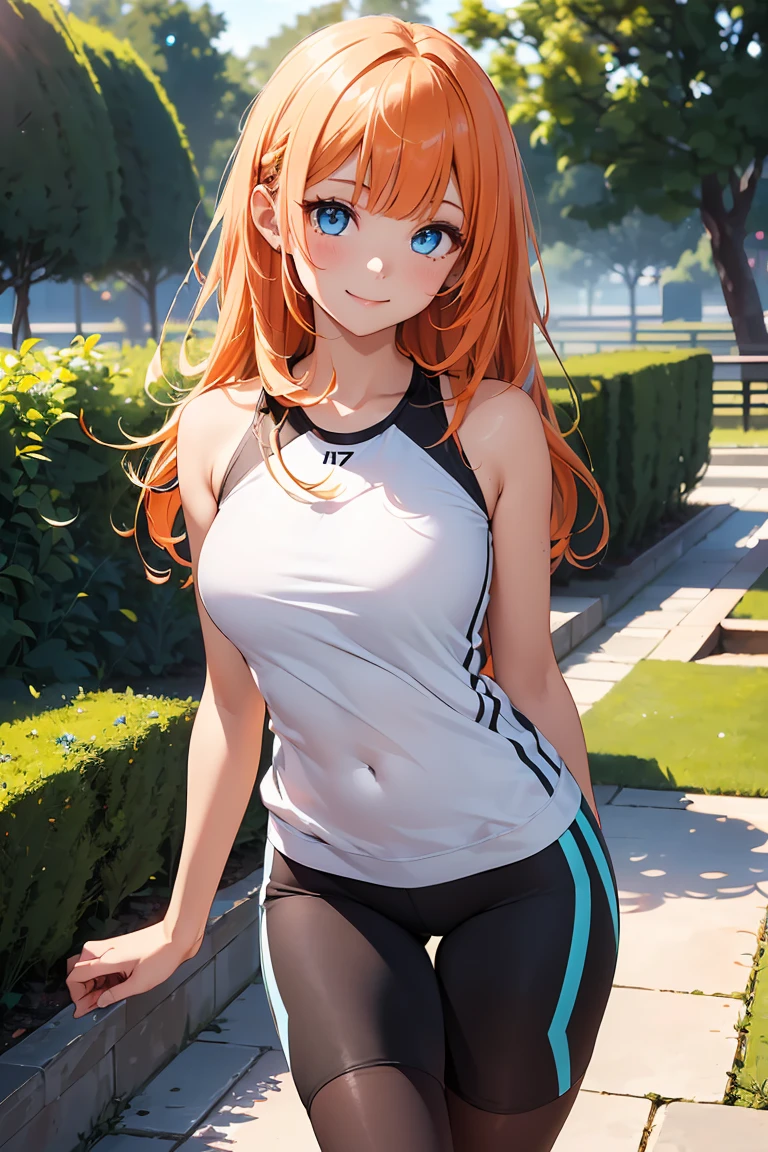 ((1 girl)), Latest Trends in Clothing, Cheerful smile, Lively expressions, Sportswear, Shorts,black tights, jogging, garden ,((Very detailed,highest quality, High resolution, 8k wallpaper, Beautiful clothes,)),(Orange Hair, Shoulder-length hair, boyish,Bouncy hair, ((Asymmetrical bangs)) ,(Bright Blue Eyes),eye shadow, eyeliner,Glow Eye, Very detailedな目, Complex eyes, Beautiful Eyes, 輝くBright Blue Eyes、-yeld gi