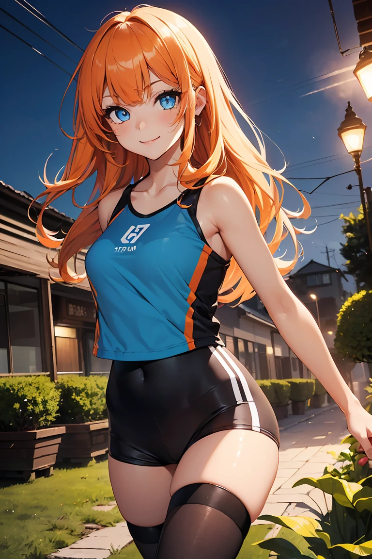 ((1 girl)), Latest Trends in Clothing, Cheerful smile, Lively expressions, Sportswear, Shorts,black tights, jogging, garden ,((Very detailed,highest quality, High resolution, 8k wallpaper, Beautiful clothes,)),(Orange Hair, Shoulder-length hair, boyish,Bouncy hair, ((Asymmetrical bangs)) ,(Bright Blue Eyes),eye shadow, eyeliner,Glow Eye, Very detailedな目, Complex eyes, Beautiful Eyes, 輝くBright Blue Eyes、17-year-old girl