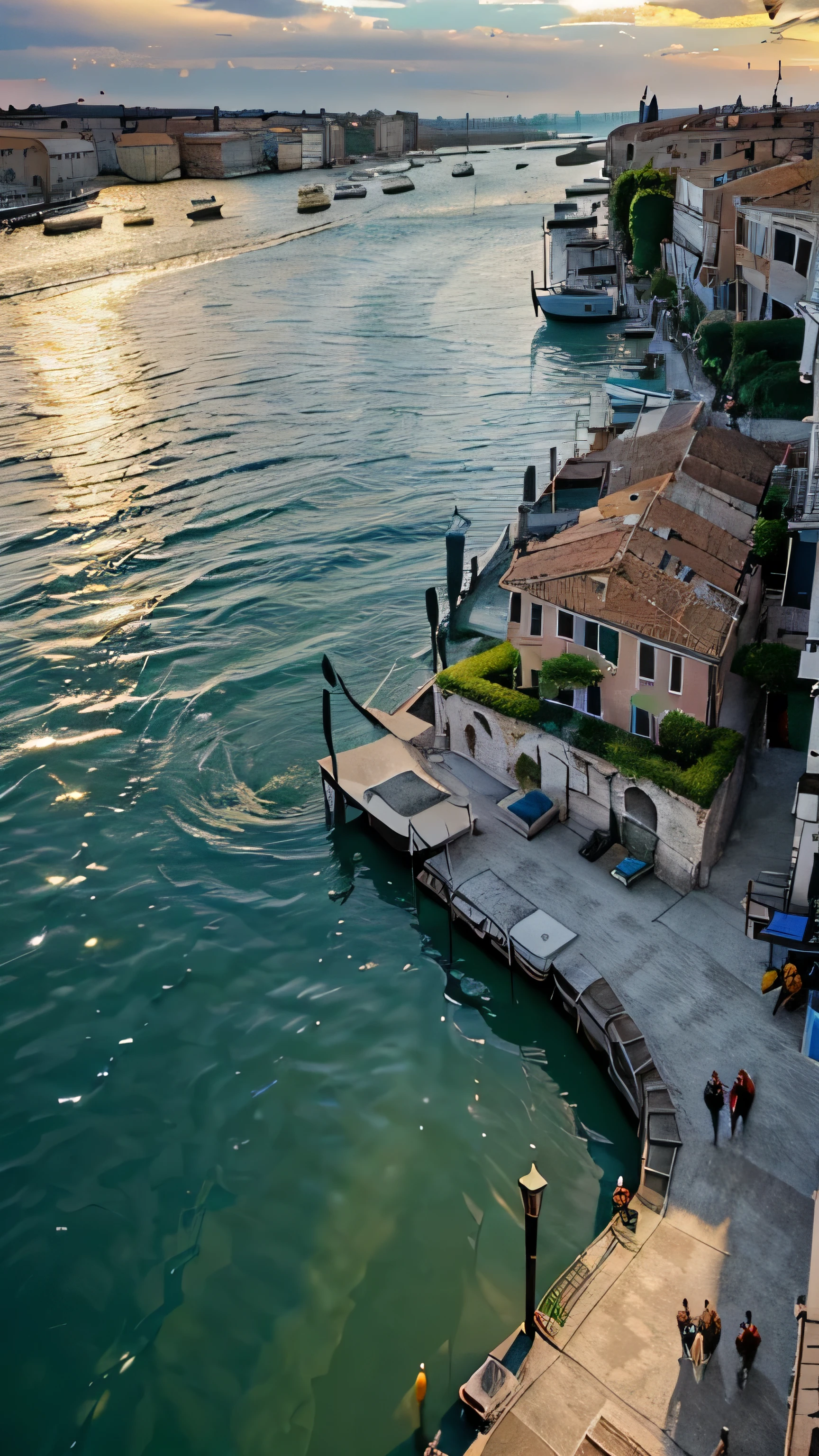 (Best quality, High definition images: 1.5), Masterpiece: 1.1, Aerial view, Venetian landscape, Boat tour, Canals of Venice, Italy, Water city, Crystalline reflections, Italian architecture, Slightly elevated view, Photorealistic rendering, Ultra-detailed textures, (Golden hour: 1.3), Dramatic shadows, Adirondack chairs on deck, Passing gondolas, (Nostalgic music: 0.8), Sun-kissed water, Pastel buildings, Terazzo rooftops, Elaborate bridges, (Bird's eye view: 1