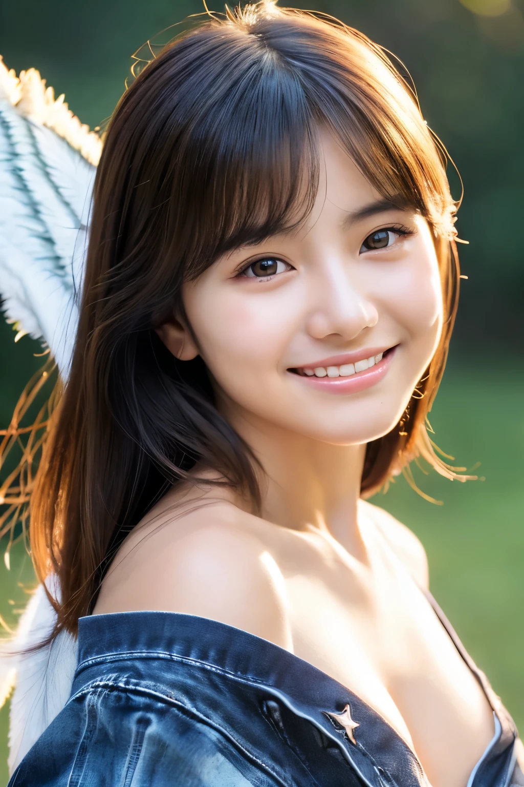 (cowboy shot:1.5)(8k, RAW photo, best quality, masterpiece:1.2), (realistic, photo-realistic:1.37), natural, (symmetrical clear eyes:1.3), ultra high res, super detail, Ultra Detailed, Detailed Skin, Sharp Focus, shiny hair, shiny skin, (finely detailed face:1.2), cinematic light BREAK 1 girl, japanese, (((18 yo:1.6, kawaii, cute, young, baby face))), detailed eyes, facial lighting, (medium breasts:1.2), smooth skin, no makeup glowing eyes,BREAK , (looking at viewer:1.2), (happy smile:1.5), (perfect anatomy:1.2) BREAK ((angel:1.5),