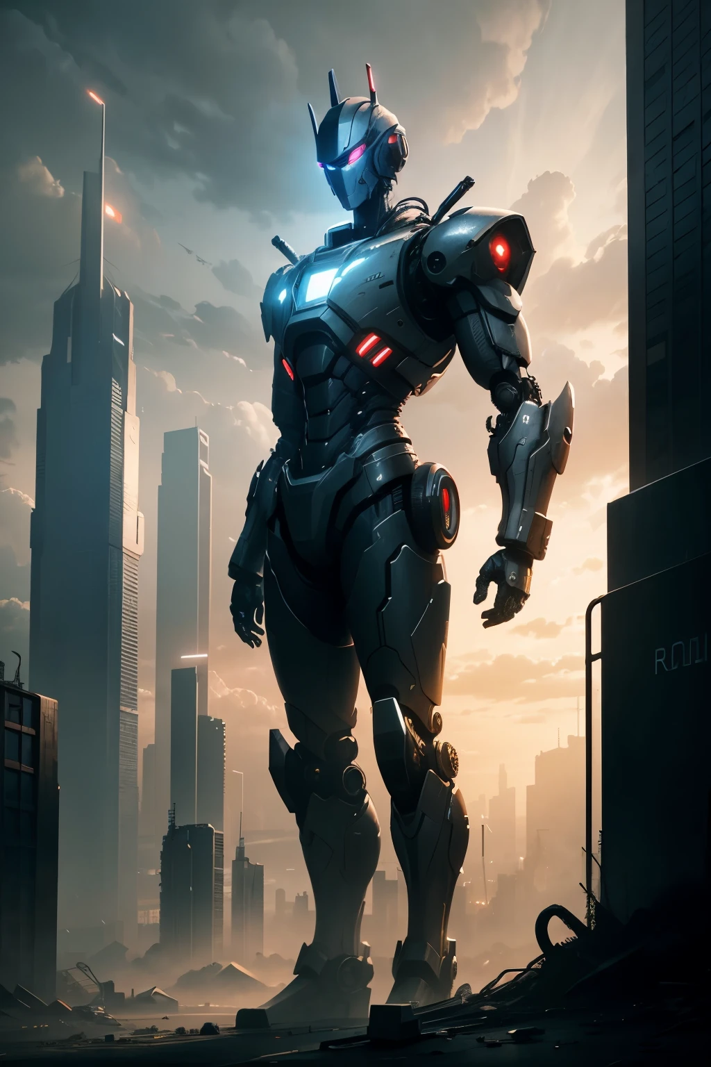 Robot, standing, futuristic, lights gleaming, post apocalyptic city, clouds, overcast,